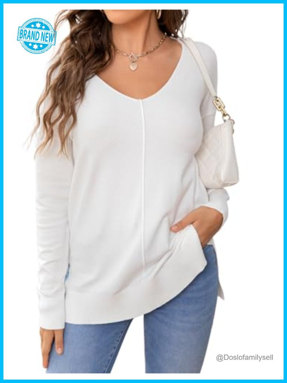 Women's V-Neck Batwing Sleeve Knit Pullover Sweater Loose Tunic Top